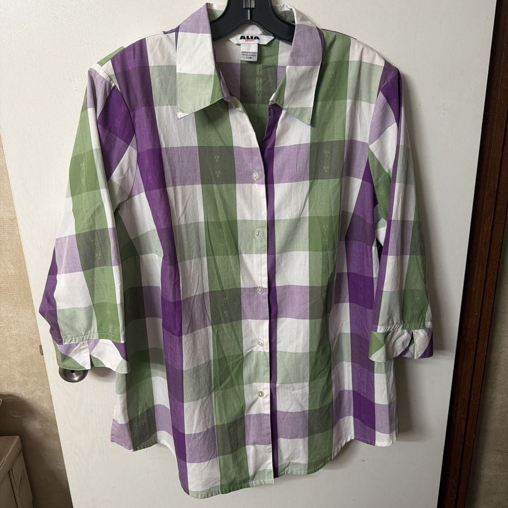 ALIA Sport Purple, Green Block Women's Button Down shirt. Size 20W 3/4 Sleeve